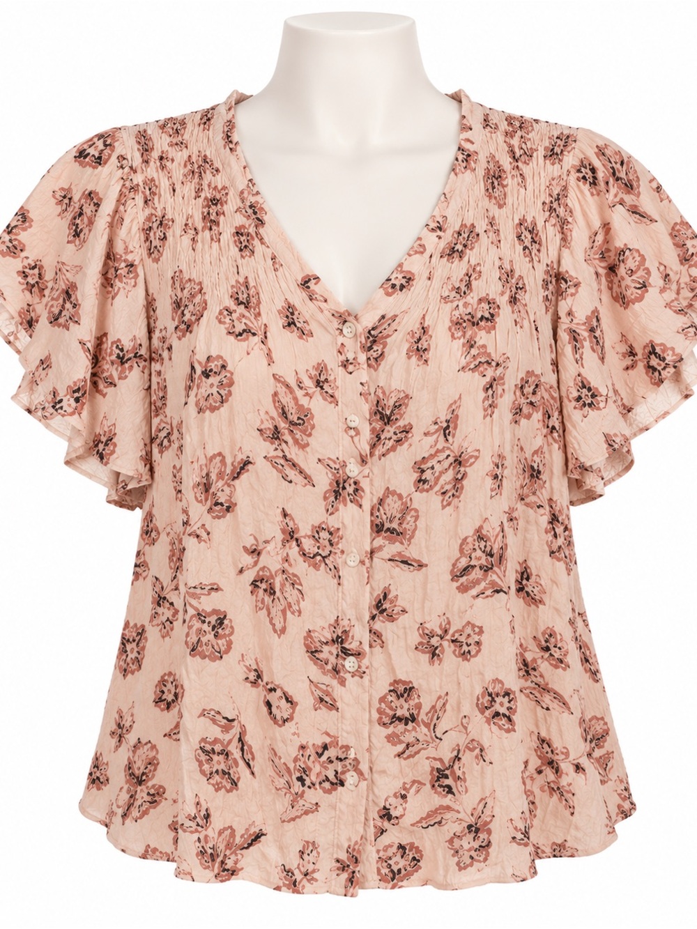 Maurices Pink Floral Button-Front Flutter Sleeve Blouse